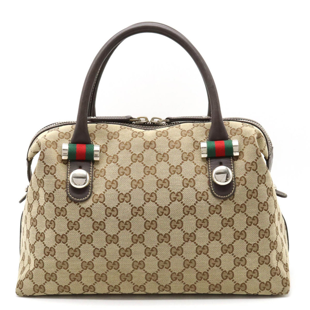 Gucci GG Canvas Sherry Shoulder Bag Boston Bag Leather Beige Cream Brown